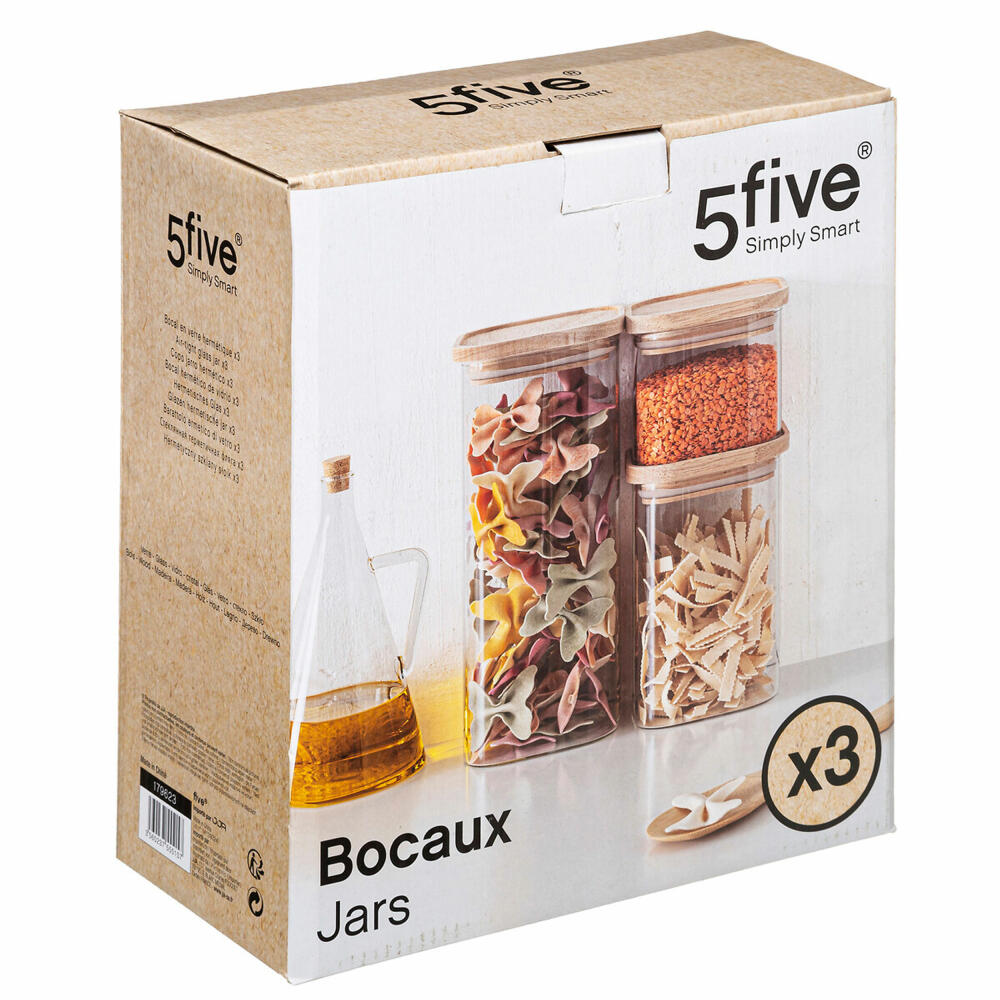 5Five Simply Smart storage jar set 3-piece, stackable containers with lid, borosilicate glass, wood, 179623