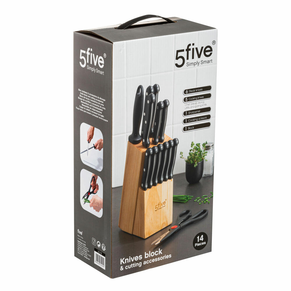 5Five Simply Smart knife block equipped with 14 pieces, knife set with sharpener and scissors, wood, stainless steel, 151170