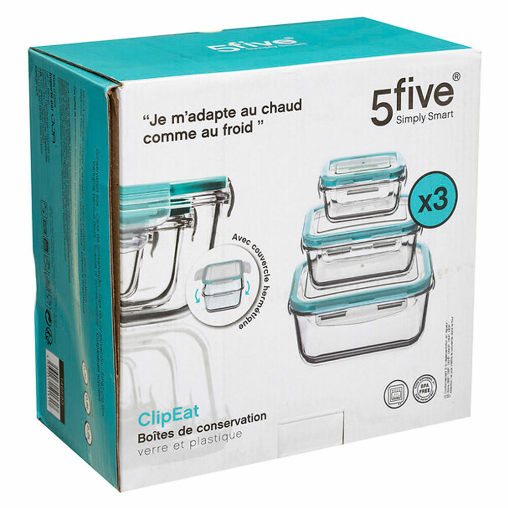 5five Simply Smart Frischhaltedosen-Set Clipeat L 3-tlg., Glas, Kunststoff, Blau, 146593