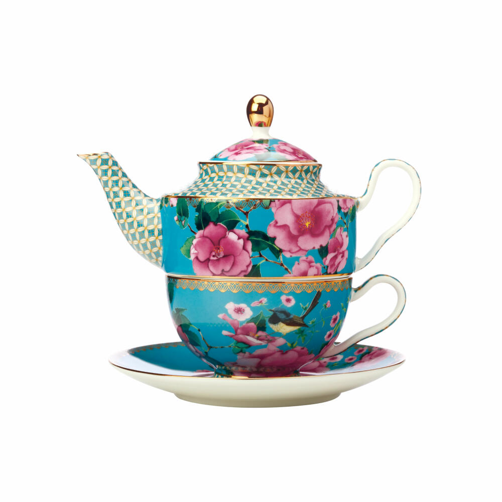 Maxwell & Williams TC Silk Road Teeservice  für 1 Person, 3-tlg., Tasse, Untertasse, Kanne, Porzellan, Aqua, 280 ml, HV0158