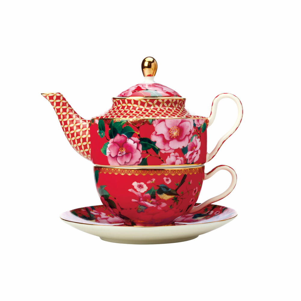 Maxwell & Williams TC Silk Road Teeservice  für 1 Person, 3-tlg., Tasse, Untertasse, Kanne, Porzellan, Rot, 280 ml, HV0157