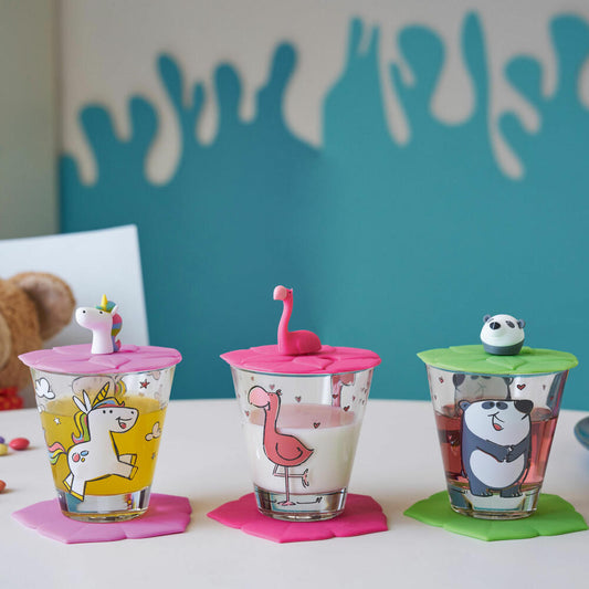 Leonardo Kindertrinkset BAMBINI 9-teilig Flamingo Einhorn Panda, Trinkbecher mit Deckel & Untersetzer, Bunt, 034805
