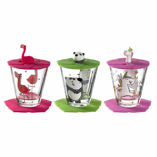 Leonardo children's drinking set BAMBINI 9-piece Flamingo Unicorn Panda, drinking cup with lid &amp; coaster, colorful, 034805