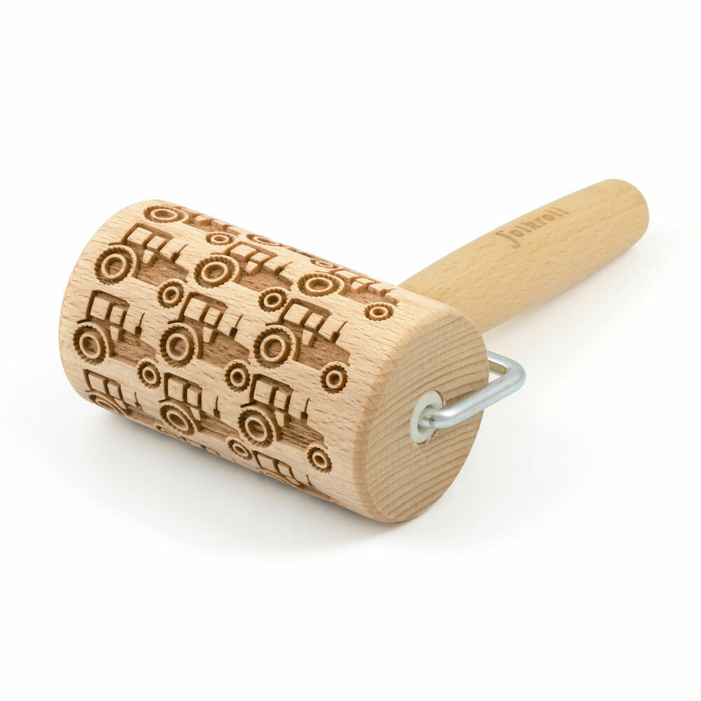 Folkroll rolling pin tractor, mini, 9.5 cm, rolling pin, embossing roller, pattern, motif, roll, beech wood, 332900