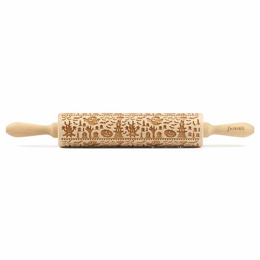 Folkroll rolling pin Spooky Halloween, large, 43 cm, rolling pin, embossing roller, pattern, motif, roll, beech wood, 334904