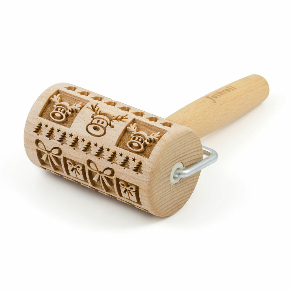 Folkroll rolling pin Christmas Joy, mini, 9.5 cm, rolling pin, embossing roller, pattern, motif, roll, beech wood, 332863