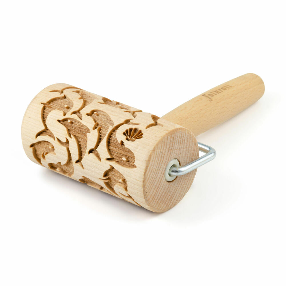 Folkroll rolling pin dolphins, mini, 9.5 cm, rolling pin, embossing roll, pattern, motif, roll, beech wood, 337004