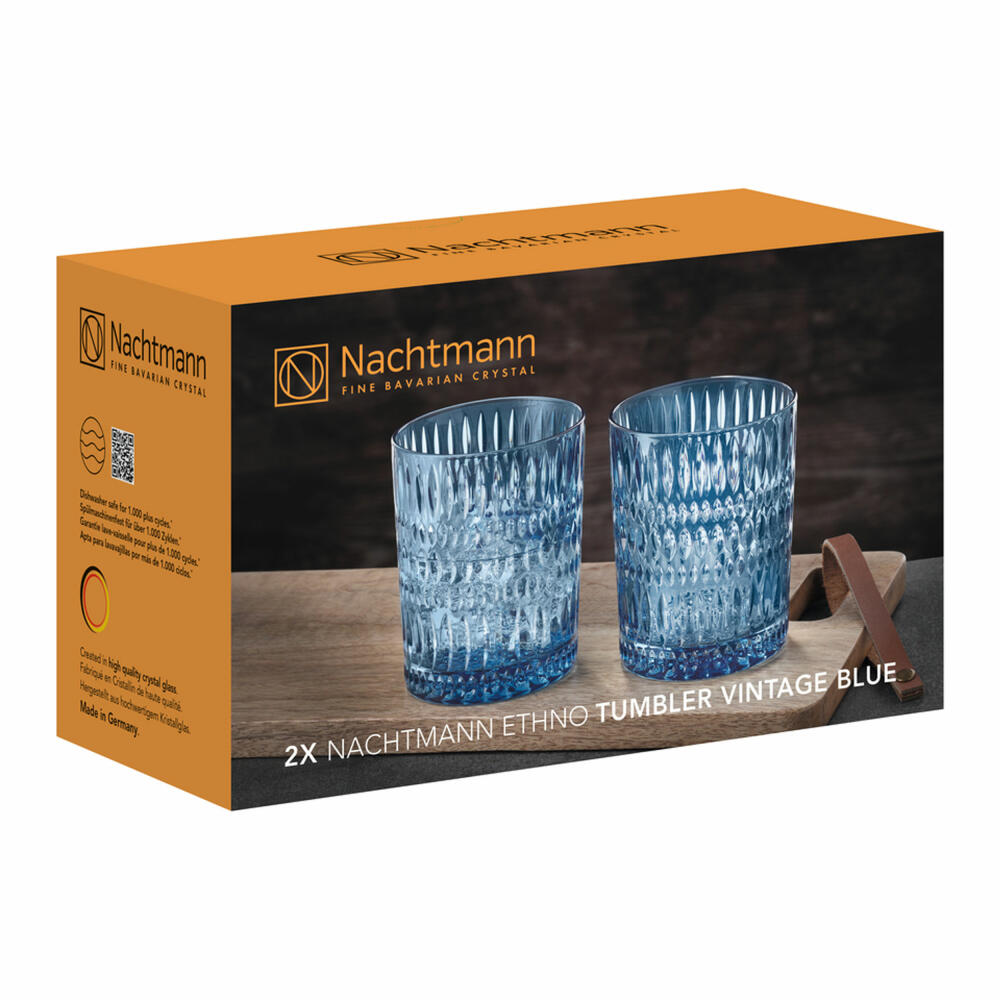 Nachtmann Ethno Tumbler, set of 2, whiskey tumblers, whiskey glass, crystal glass, vintage blue, 304 ml, 105389