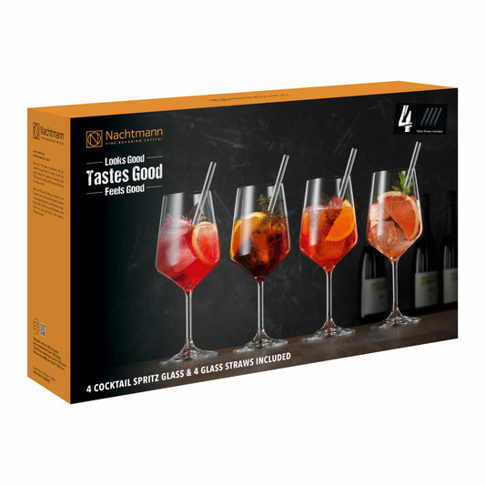 Nachtmann Cocktail-Spritz-Set 8-tlg., 4 Cocktailgläser + 4 Trinkhalme, Kristallglas, Klar, 105438