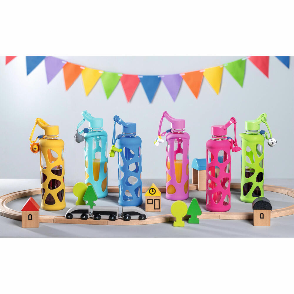 Leonardo Trinkflasche Bambini Elefant, Kindertrinkflasche, Glas, Silikon, türkis, 500 ml, 028831