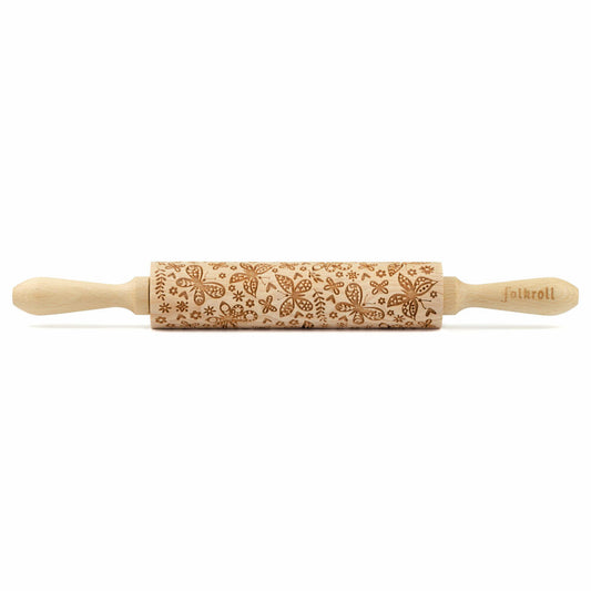 Folkroll Motif Rolling Pin Butterflies, medium, 37 cm, rolling pin, embossing roller, pattern, roll, beech wood, 892967