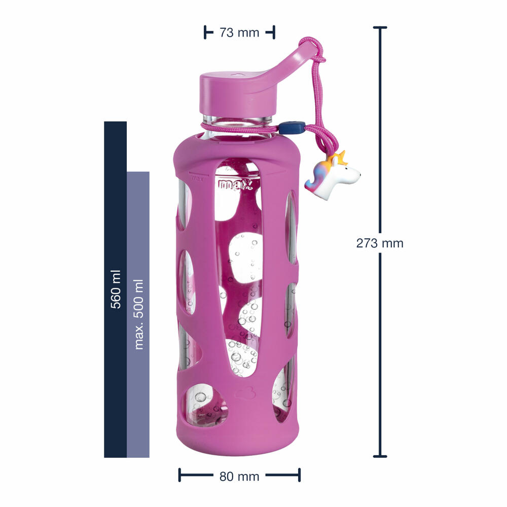 Leonardo drinking bottle Bambini Unicorn, children's drinking bottle, glass, silicone, rosé, 500 ml, 028835