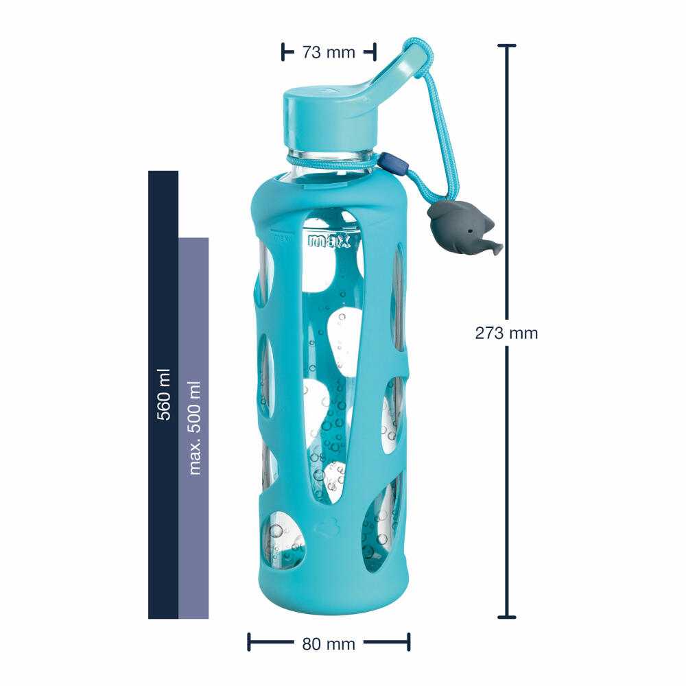 Leonardo Trinkflasche Bambini Elefant, Kindertrinkflasche, Glas, Silikon, türkis, 500 ml, 028831
