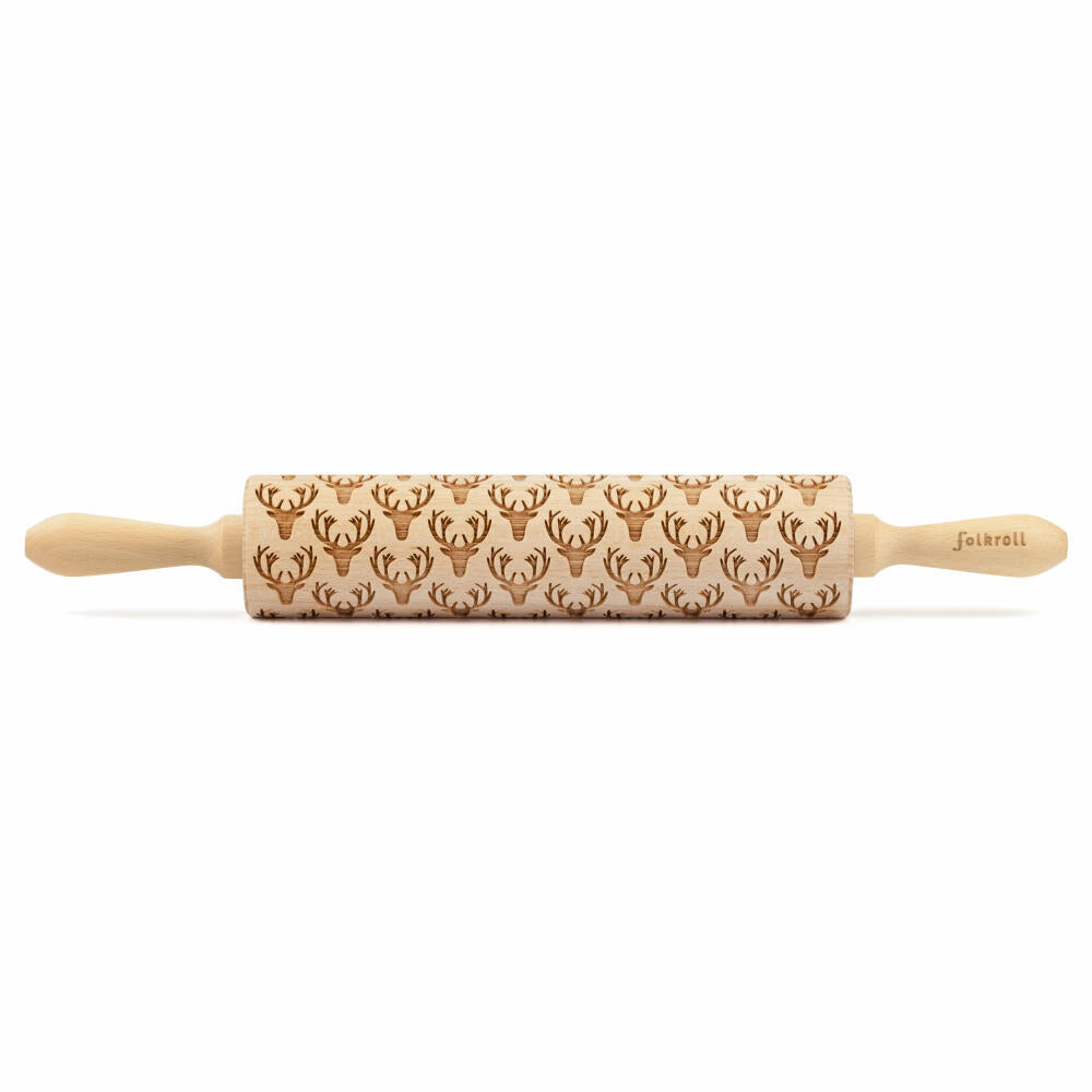 Folkroll motif rolling pin deer antler, large, 43 cm, rolling pin, embossing roller, pattern, roll, beech wood, 893018