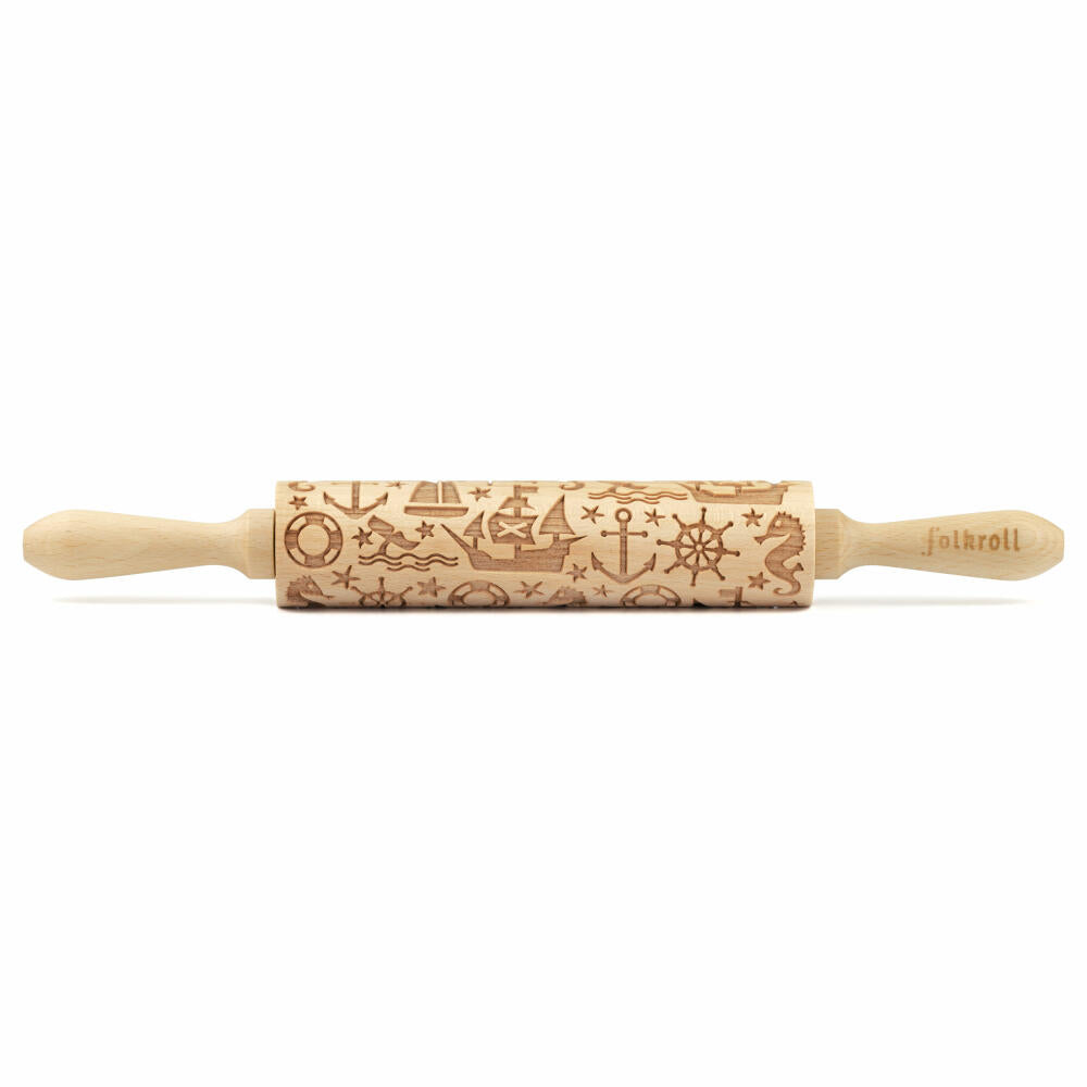 Folkroll Motif Rolling Pin Maritime, medium, 37 cm, rolling pin, embossing roller, pattern, roll, beech wood, 893056