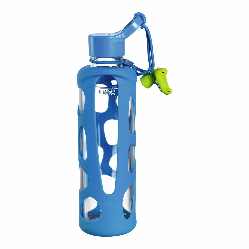 Leonardo Trinkflasche Bambini Krokodil, Kindertrinkflasche, Glas, Silikon, blau, 500 ml, 028832