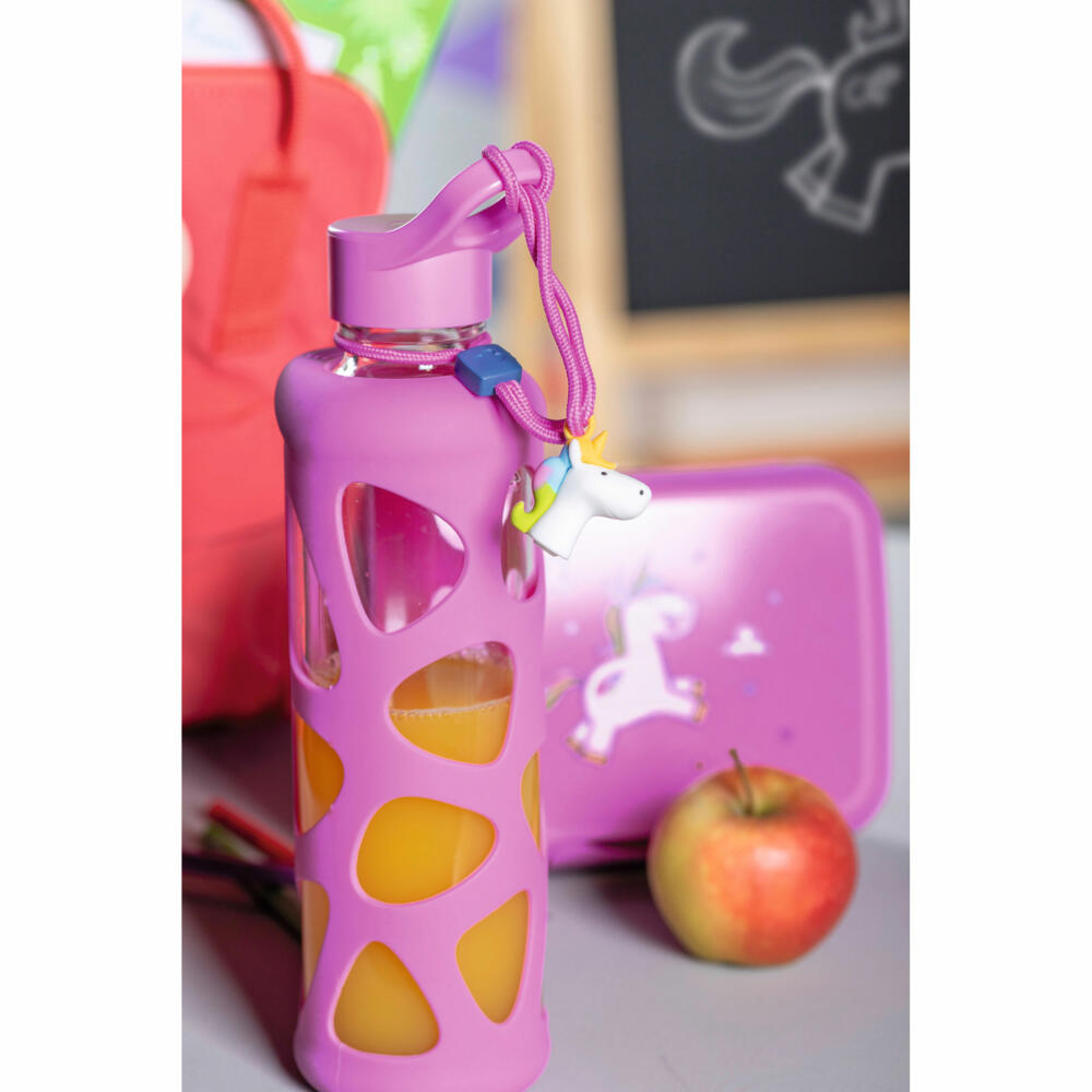 Leonardo drinking bottle Bambini Unicorn, children's drinking bottle, glass, silicone, rosé, 500 ml, 028835