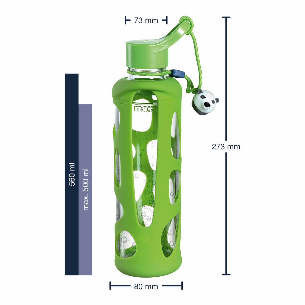 Leonardo drinking bottle Bambini Panda, children's drinking bottle, glass, silicone, green, 500 ml, 028833