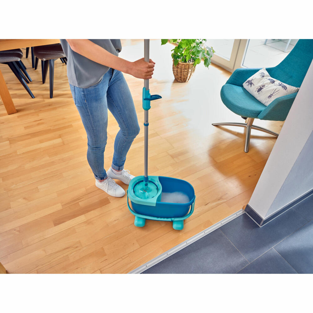 Leifheit Set Clean Twist Disc Mop Ergo Mobile, Bodenwischer mit Rollwagen, Microfaser, Kunststoff, Türkis, Weiß, 52102