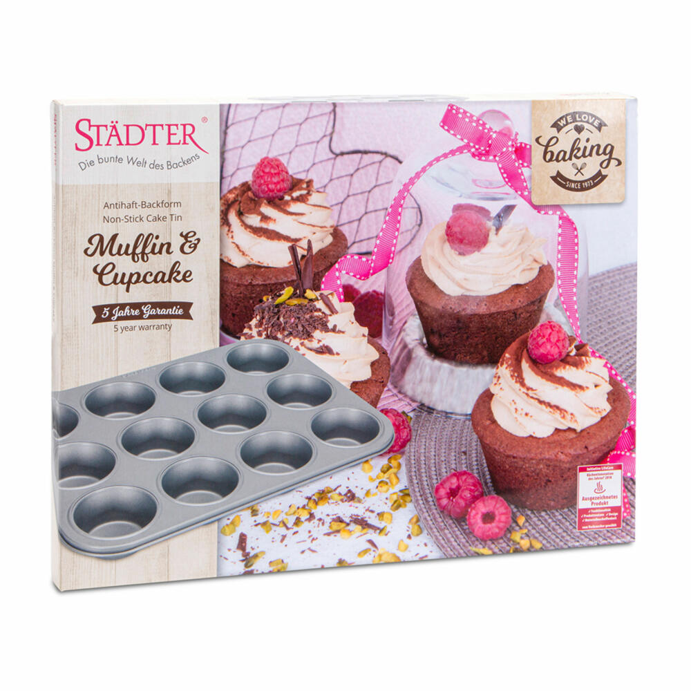 Städter We Love Baking Muffin Cupcake, muffin tin, cupcake tin, baking tin, cake tin, metal, silver, 35 x 27 cm, 661011