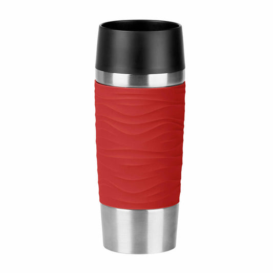 Emsa TRAVEL MUG Waves Isolierbecher Quick Press, Kaffeebecher, Mug, Coffee To Go Becher, Edelstahl/Silikon, Rot, 360 ml, N2011100