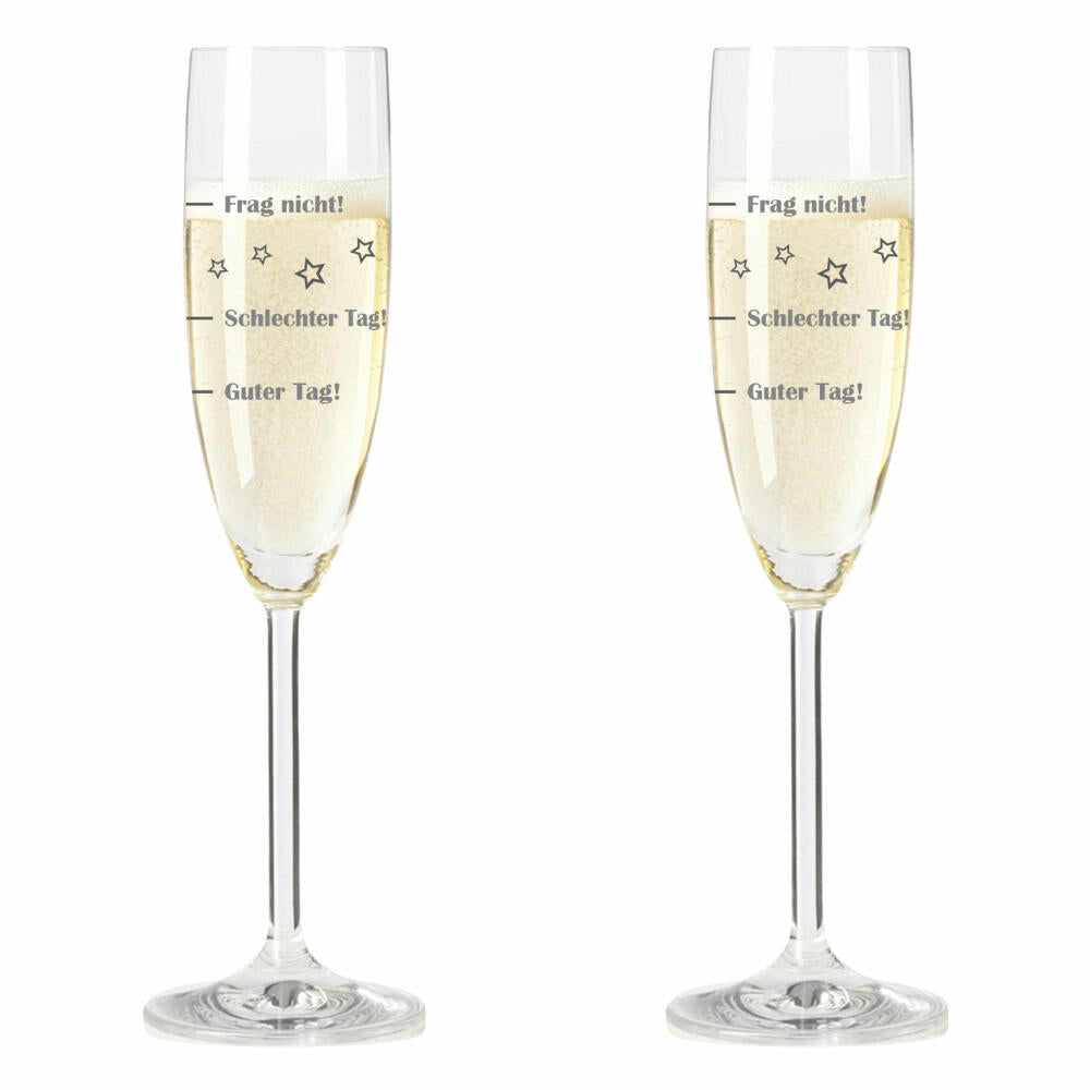 Leonardo champagne glass, set of 2, Good day!, Bad day!, Don't ask!, mood glass with funny engraving, Mood champagne glass, 210 ml