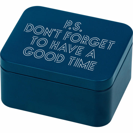 Birkmann Geschenkbox P.S. don't forget to have a good time, Gebäckdose, Plätzchendose, Keksdose, Weißblech, Blau, 12 x 10 cm, 438286