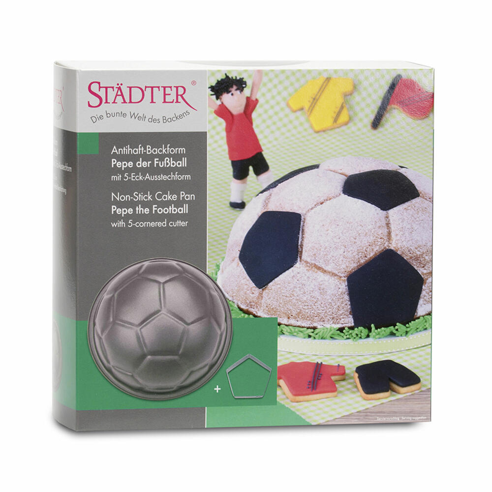 Städter motif baking pan Pepe the football, with pentagon cookie cutter, baking pan, cake pan, metal, Ø 22 cm, 614048