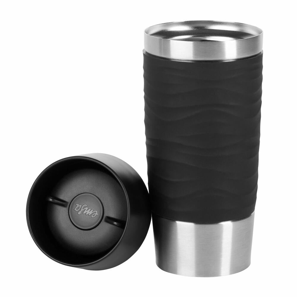 Emsa TRAVEL MUG Waves Isolierbecher Quick Press, Kaffeebecher, Mug, Coffee To Go Becher, Edelstahl/Silikon, Schwarz, 360 ml, N2010500