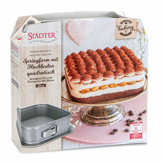 Städter We Love Baking Springform Quaradratisch, Backform, Kuchenform, Kuchenbackform, Metall, Silber, 23 x 23 cm, 661400