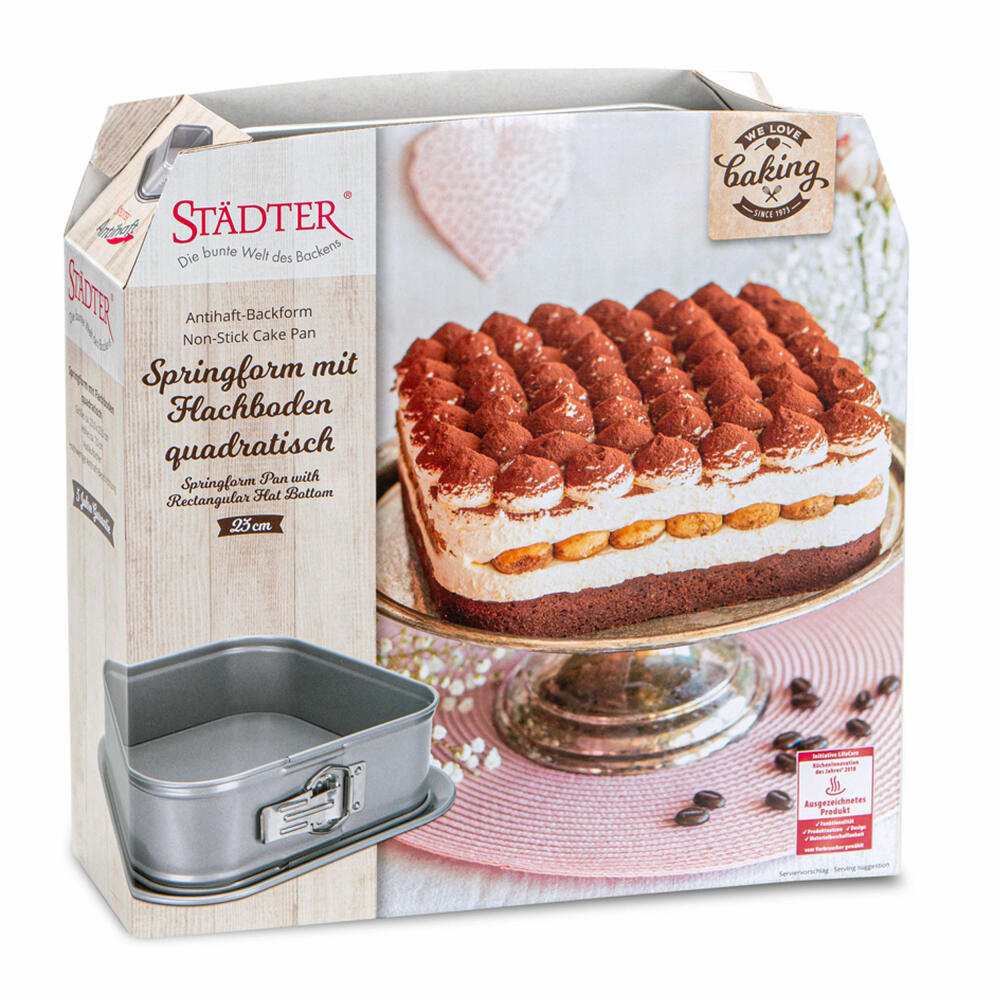 Städter We Love Baking Springform Pan Square, Baking Pan, Cake Pan, Cake Baking Pan, Metal, Silver, 23 x 23 cm, 661400