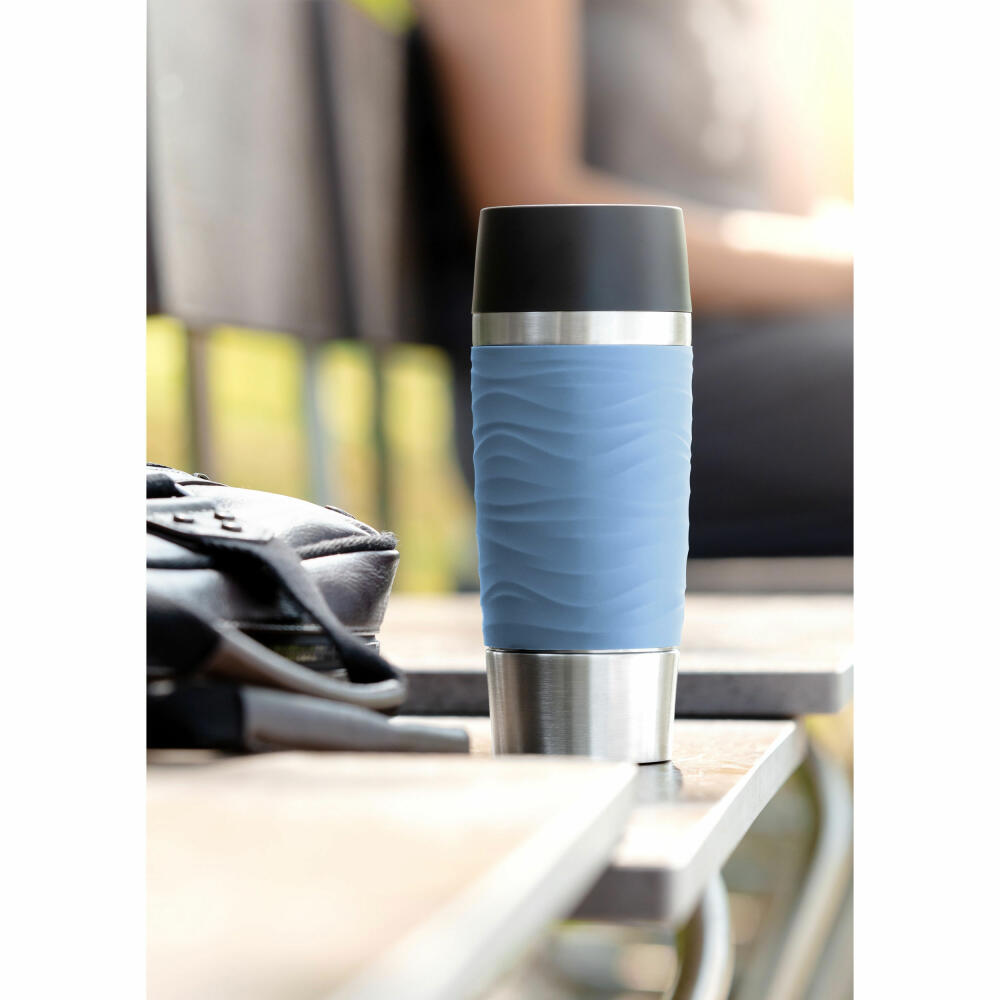 Emsa TRAVEL MUG Waves Isolierbecher Quick Press, Kaffeebecher, Mug, Coffee To Go Becher, Edelstahl/Silikon, Puder-Blau, 360 ml, N2010700