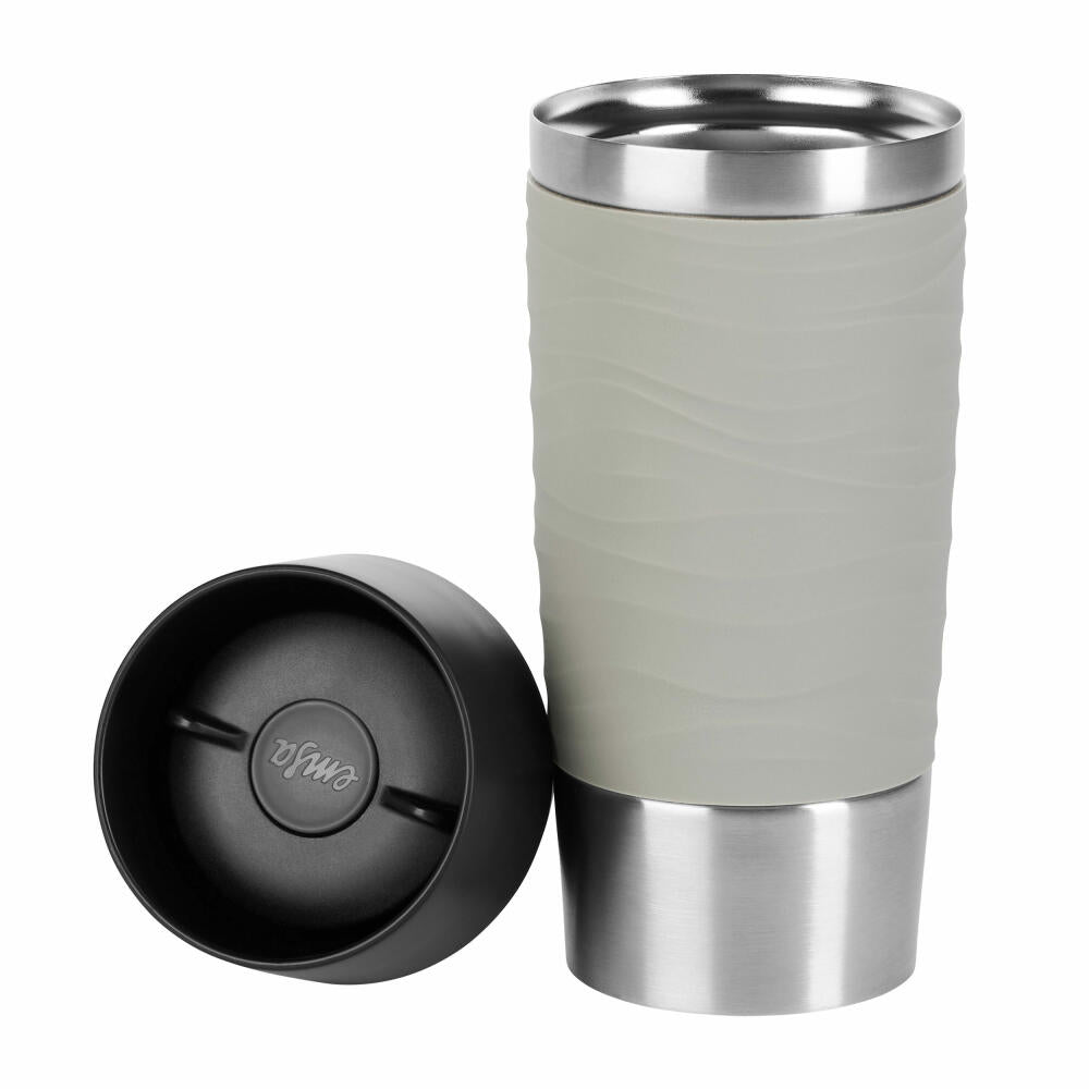 Emsa TRAVEL MUG Waves Isolierbecher Quick Press, Kaffeebecher, Mug, Coffee To Go Becher, Edelstahl/Silikon, Puder-Grau, 360 ml, N2010800