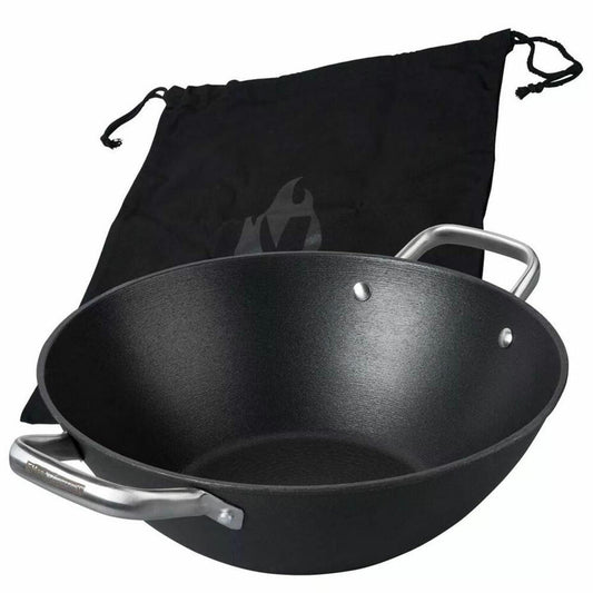 FMprofessional Profi-Wok Force, Induktionsfähig, Gusseisen mit Edelstahlgriffen, Schwarz, 28 cm, 22173