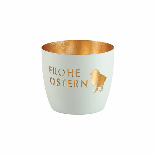 Gift Company Lantern Madras Happy Easter M, tealight holder, candle holder, iron, pastel light grey / gold, H 8.5 cm, 1122704075