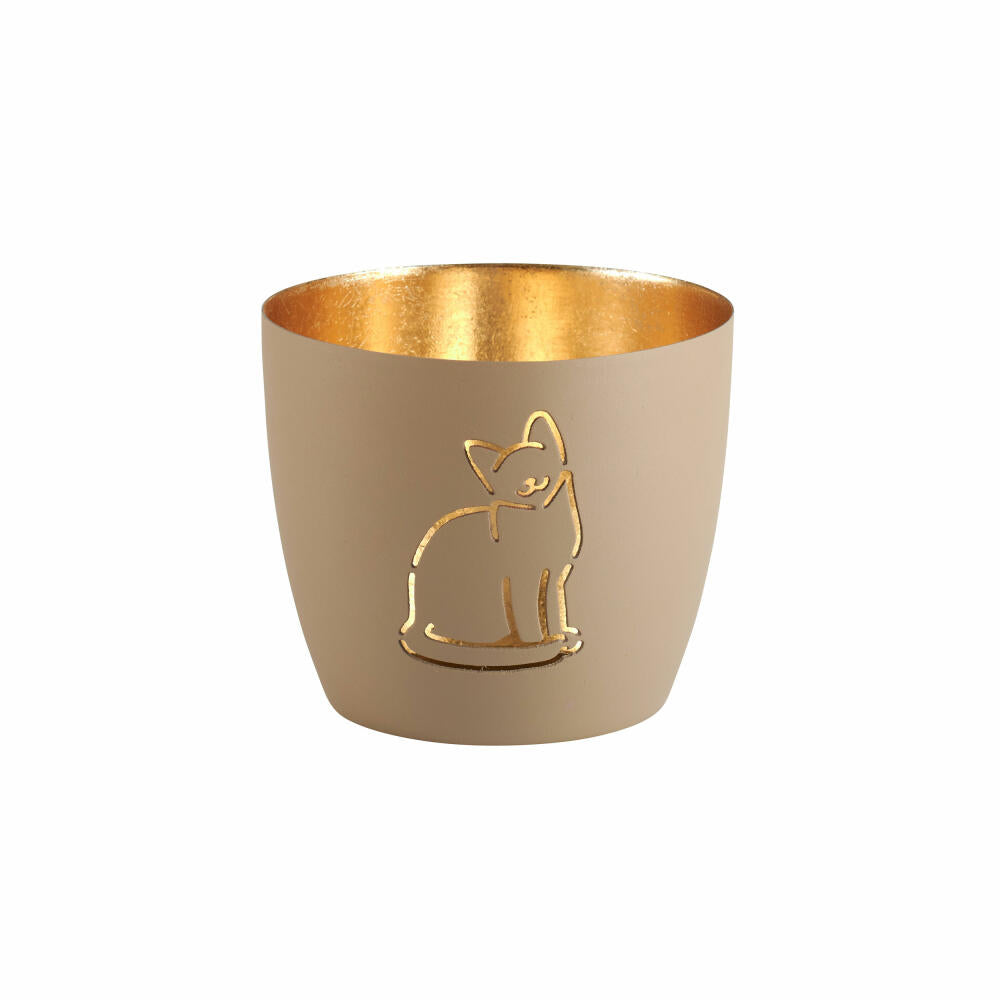 Gift Company Windlicht Madras Katze M, Teelichthalter, Kerzenhalter, Eisen, sandstone / Gold, H 8.5 cm, 1121504029