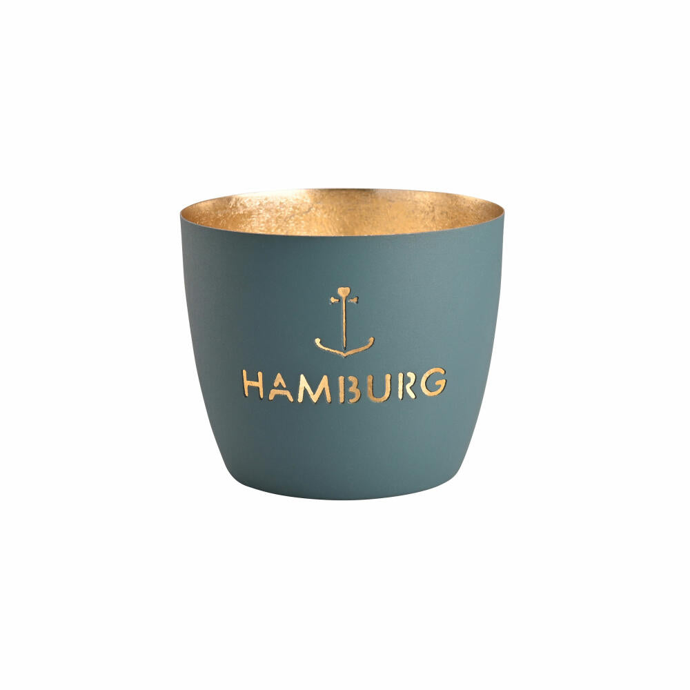 Gift Company Windlight Madras Hamburg Anchor M, tealight holder, candle holder, iron, windsor blue / gold, H 8.5 cm, 1144204064