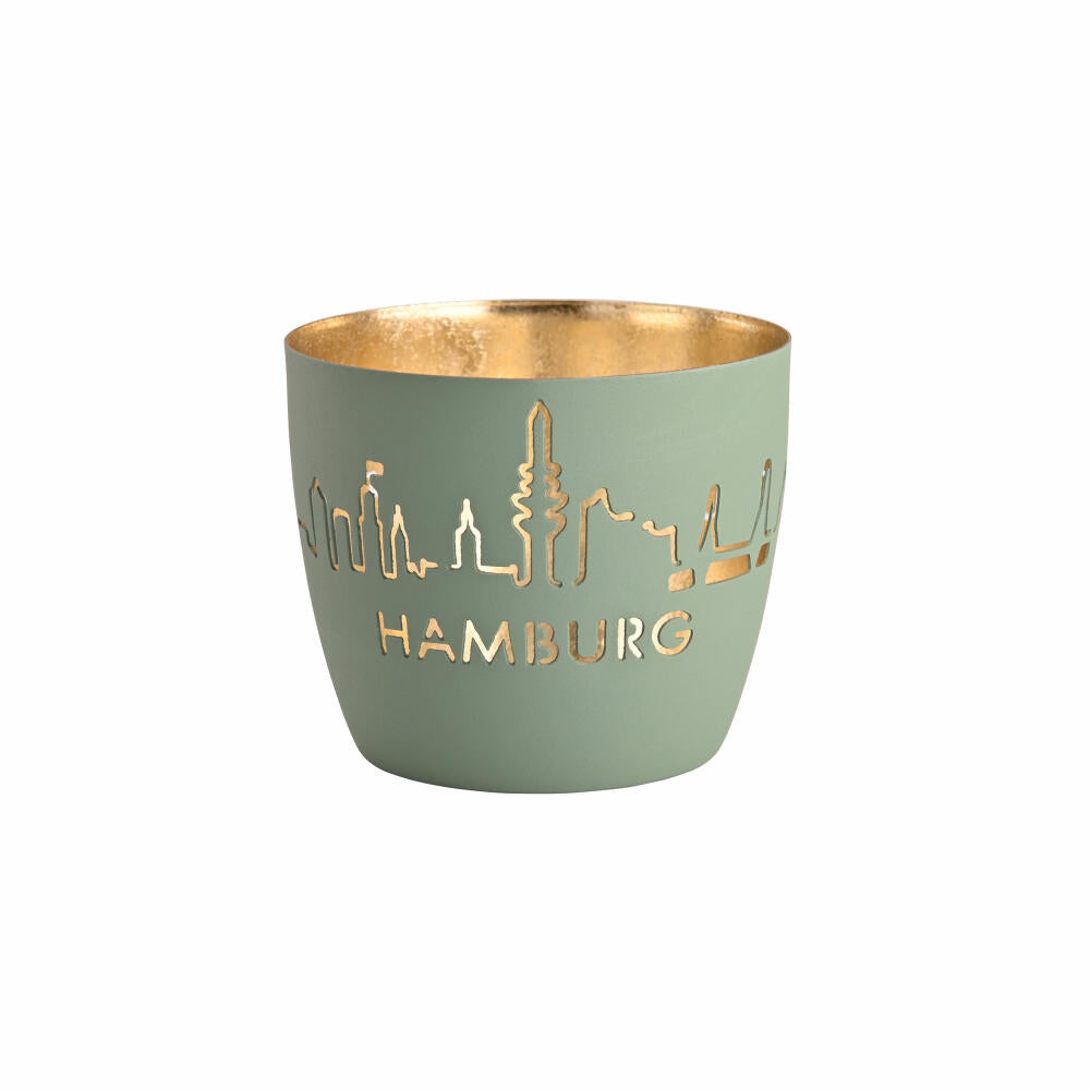 Gift Company Windlicht Madras Hamburg Skyline M, Teelichthalter, Kerzenhalter, Eisen, Powder Blue / Gold, H 8.5 cm, 1144404063