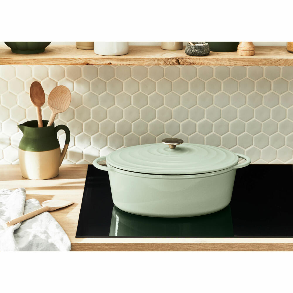 Tefal Lov Ovaler Bräter, Schmortopf, Kochtopf, Induktionsgeeignet, Gusseisen, Hellgrün, 34 cm, E25806