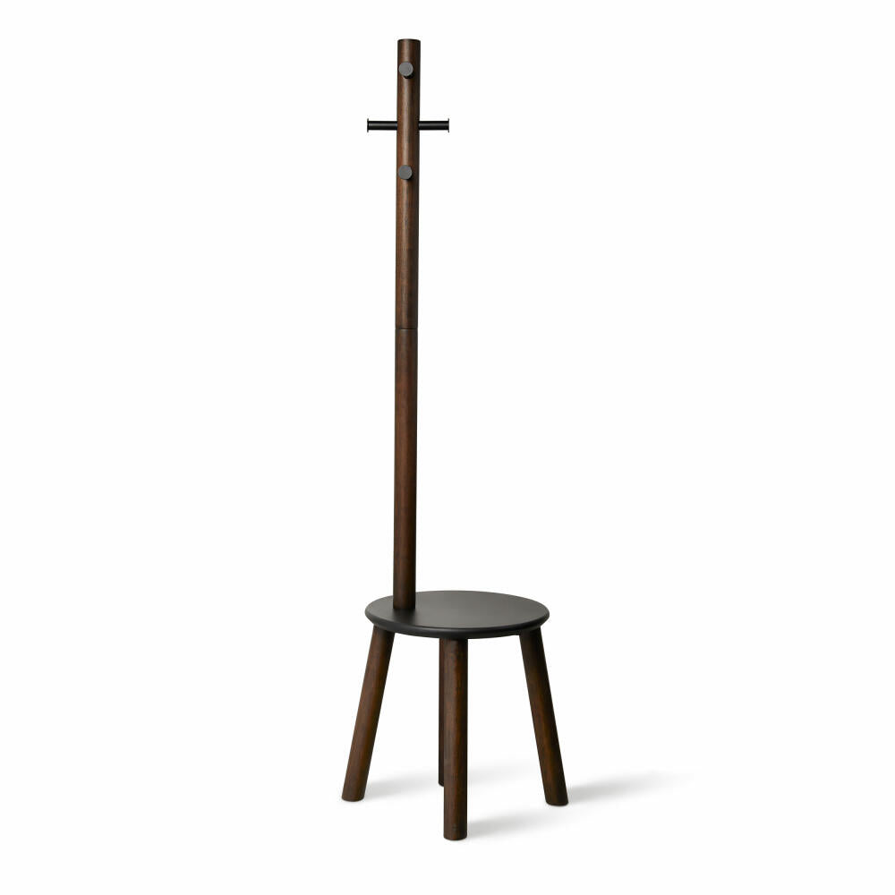 Umbra Garderobenständer Pillar mit Hocker, Standgarderobe, Sitzhocker, Gummibaumholz, MDF, Schwarz, Walnuss, 50 x 167 cm, 1014257-048