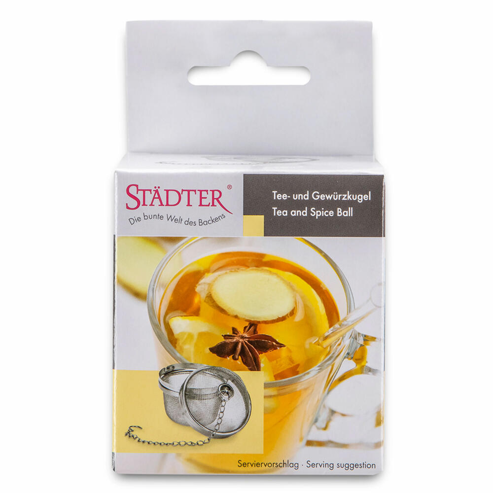 Städter tea and spice ball, with chain and hook, tea ball, spice basket, tea strainer, stainless steel, Ø 6.5 cm, 702059