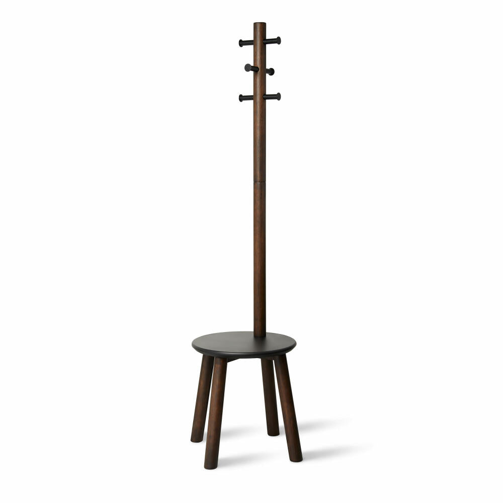 Umbra Garderobenständer Pillar mit Hocker, Standgarderobe, Sitzhocker, Gummibaumholz, MDF, Schwarz, Walnuss, 50 x 167 cm, 1014257-048