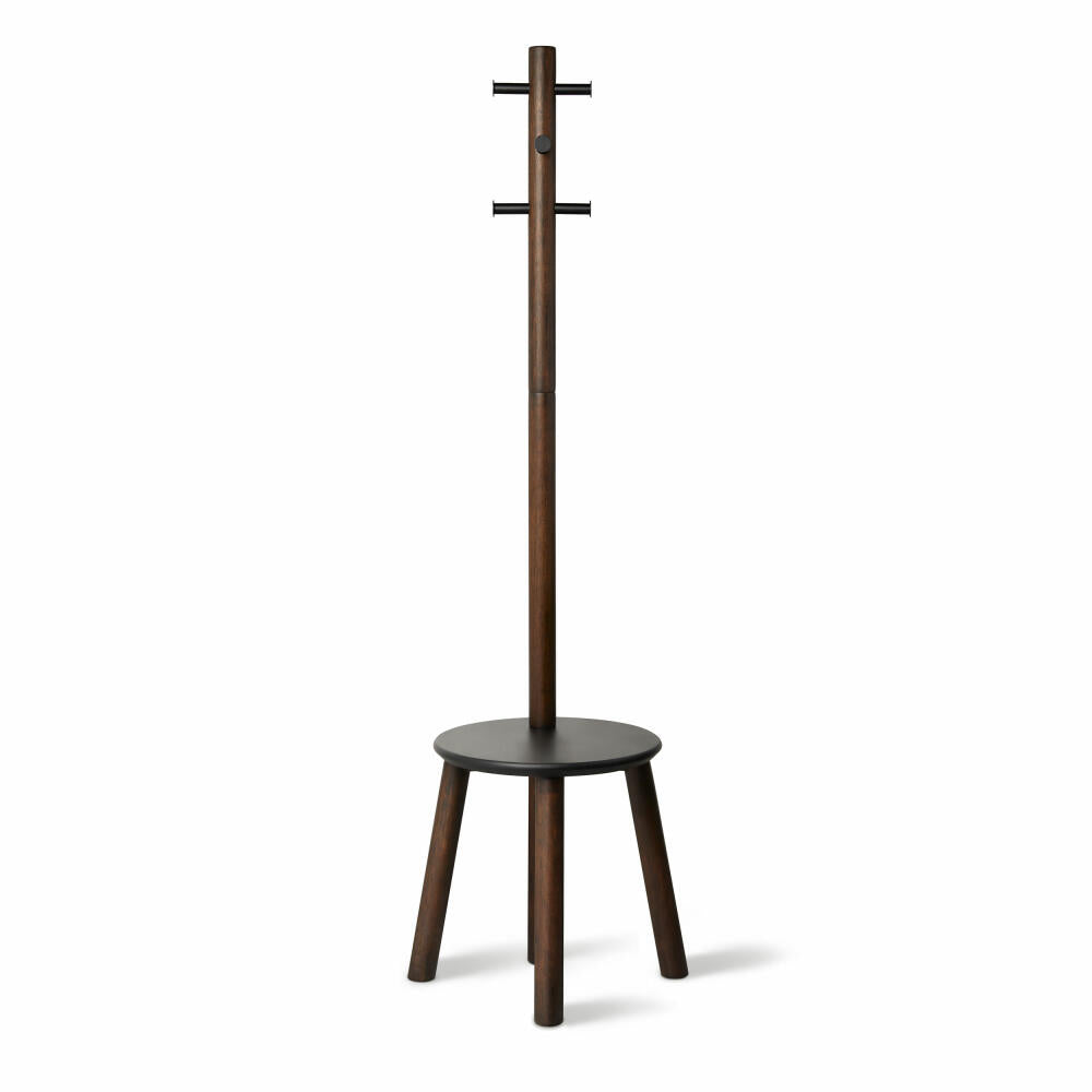 Umbra Garderobenständer Pillar mit Hocker, Standgarderobe, Sitzhocker, Gummibaumholz, MDF, Schwarz, Walnuss, 50 x 167 cm, 1014257-048