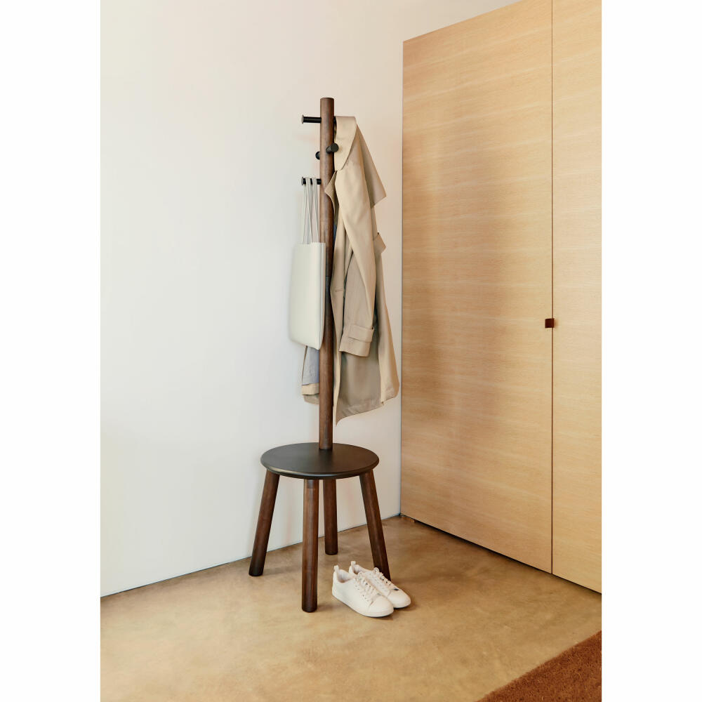 Umbra Garderobenständer Pillar mit Hocker, Standgarderobe, Sitzhocker, Gummibaumholz, MDF, Schwarz, Walnuss, 50 x 167 cm, 1014257-048