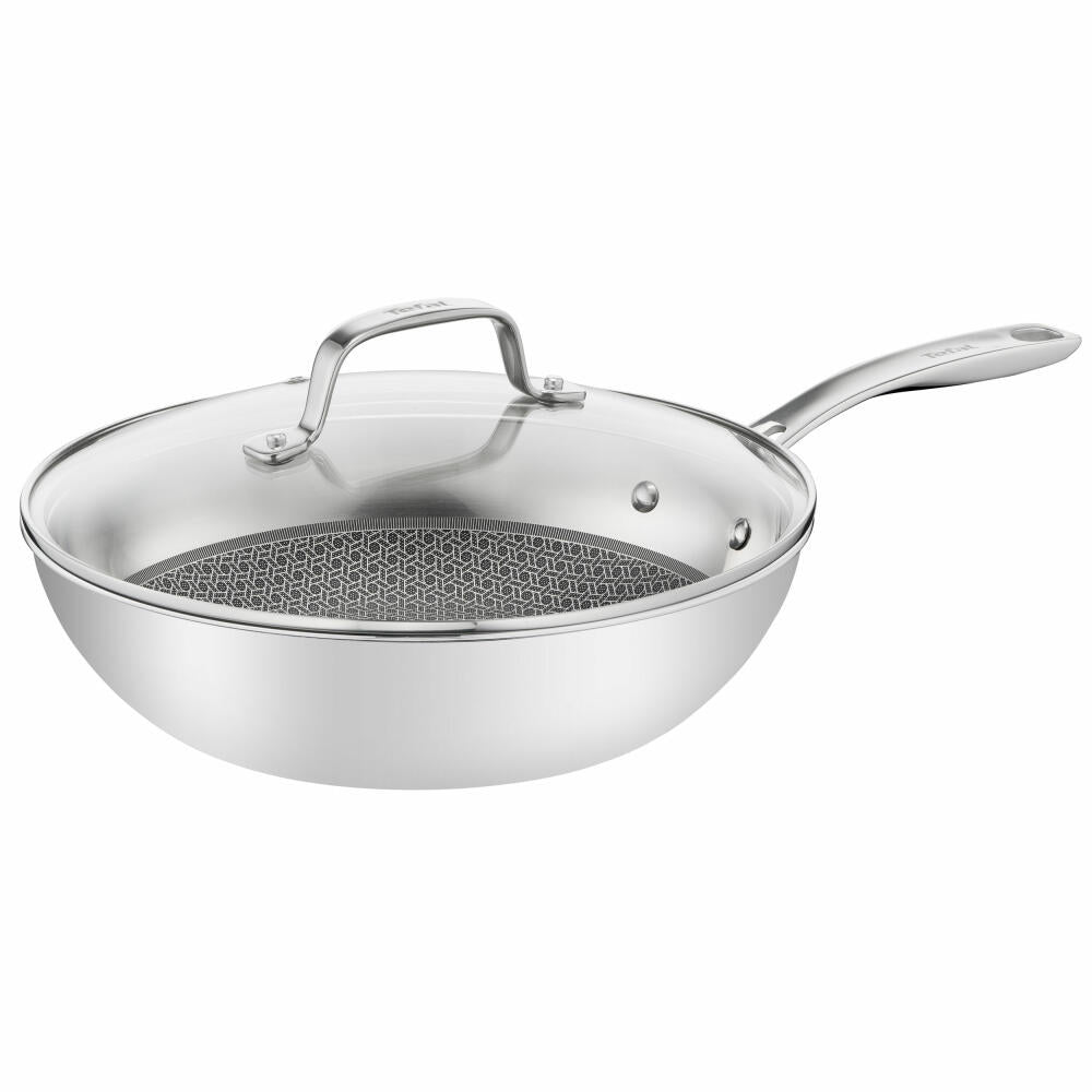 Tefal Eternal Mesh Wok Pan, with Lid, Wok Pan, Induction-Suitable, Stainless Steel, Ø 28 cm, E49716
