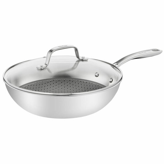 Tefal Eternal Mesh Wok Pan, with Lid, Wok Pan, Induction-Suitable, Stainless Steel, Ø 28 cm, E49716