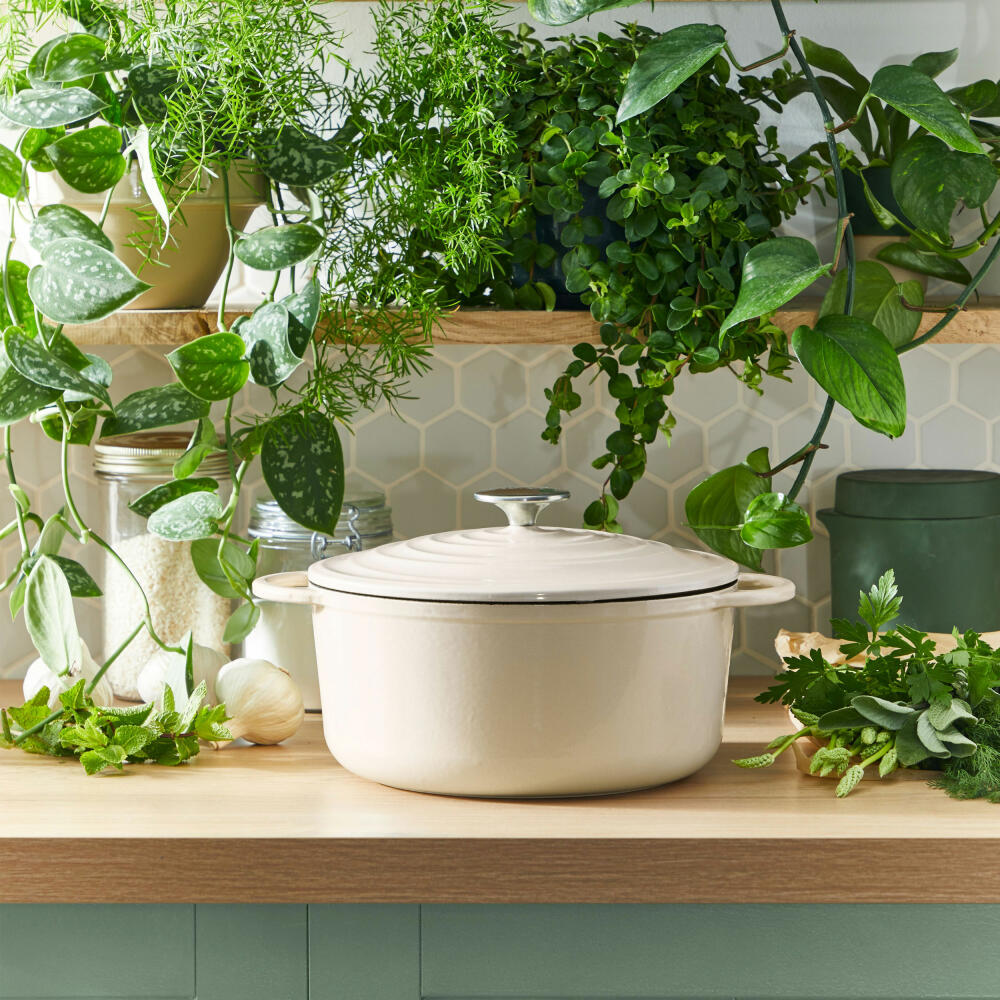 Tefal Lov Ovaler Bräter, Schmortopf, Kochtopf, Induktionsgeeignet, Gusseisen, Beige, 34 cm, E25906