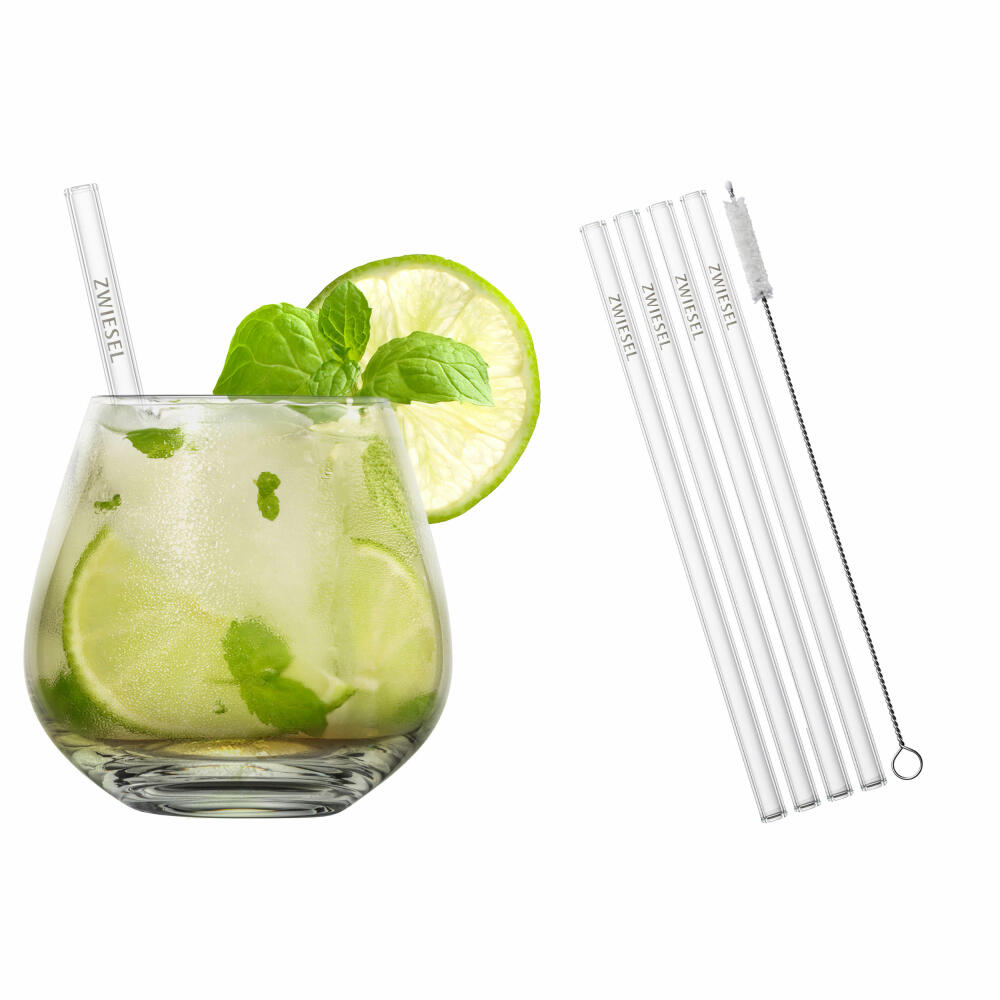 Schott Zwiesel Drinks Set After Work 9-piece, 4 cups with glass drinking straws and brush, glass, 130015