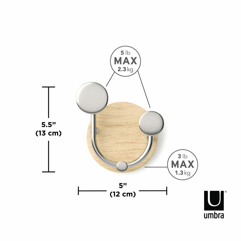 Umbra Wandgarderobe Melody mit 3 Haken, Wandhaken, Garderobenleiste, Aluminum, Holz, Natur, Nickel, 13 x 12 cm, 1019564-392