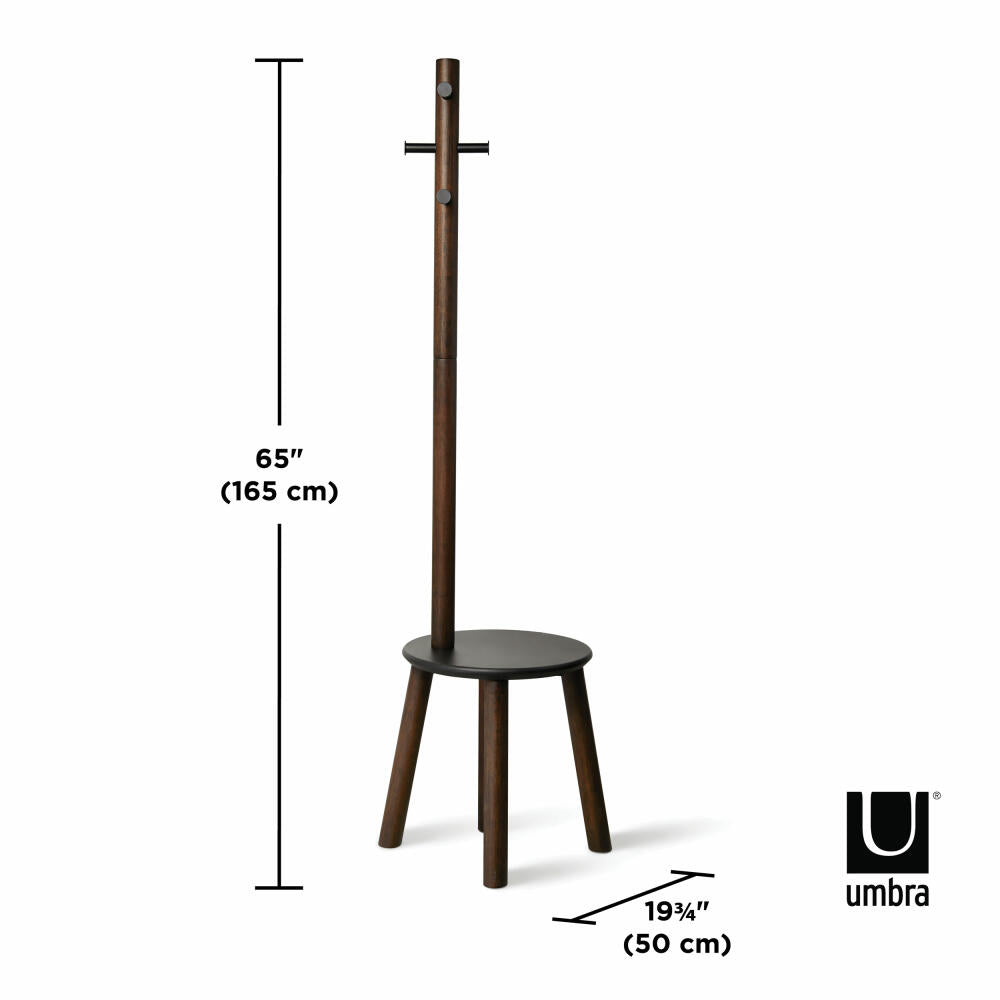 Umbra Garderobenständer Pillar mit Hocker, Standgarderobe, Sitzhocker, Gummibaumholz, MDF, Schwarz, Walnuss, 50 x 167 cm, 1014257-048